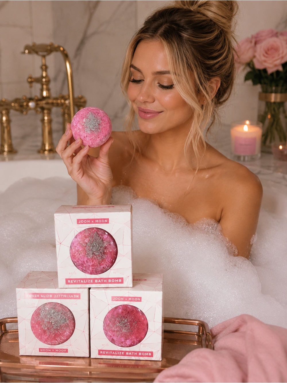 JOON X MOON REVITALIZE GEODE BATH BOMB LOT OF 3 SHIMMERING PINK CHAMPAGNE SCENT